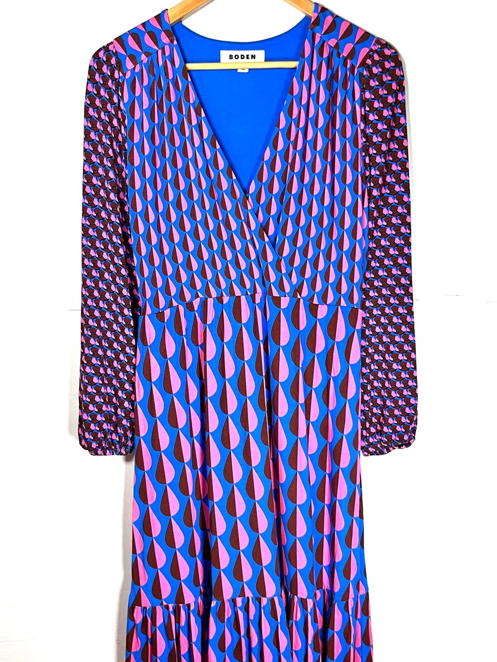 Boden Blue and Pink Geometric V-Neck Long Sleeve Dress